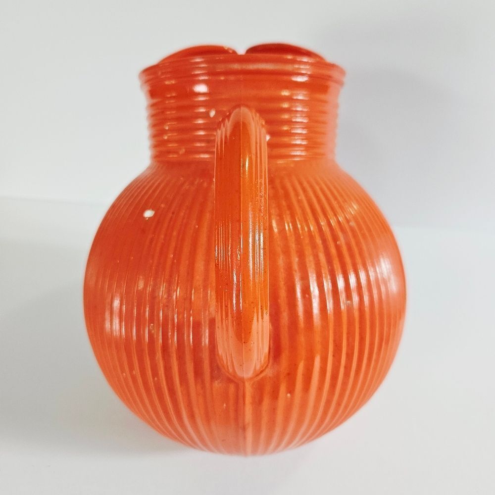 Vintage Hazel Atlas 40s-50s Fine Rib Orange Baked Glaze MCM Tilt Ball Pitcher - Picture 8 of 10